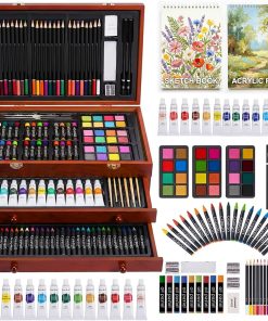 TMOL Art Supplies. 175-Pack Deluxe Art Set Drawing Painting Kit with 2 Drawing Pads. Acrylic Paints. Colored Pencils. Crayons. Art Kit in Wooden Case. Gift for Artist. Adults. Teens and Kids